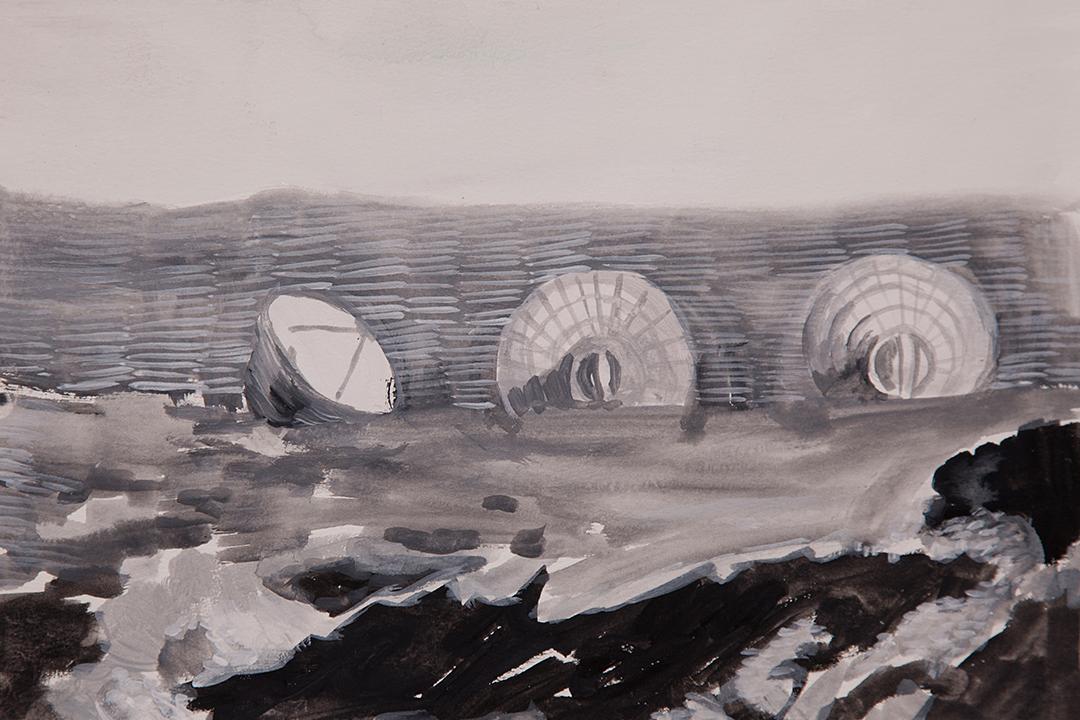 gouache drawings/paintings, satellite dishes, surveillance